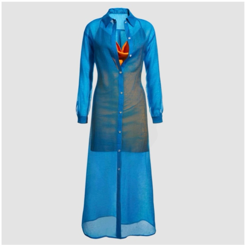 Bar III Zerina Akers Vibrant Blue Sheer Shirt Dress